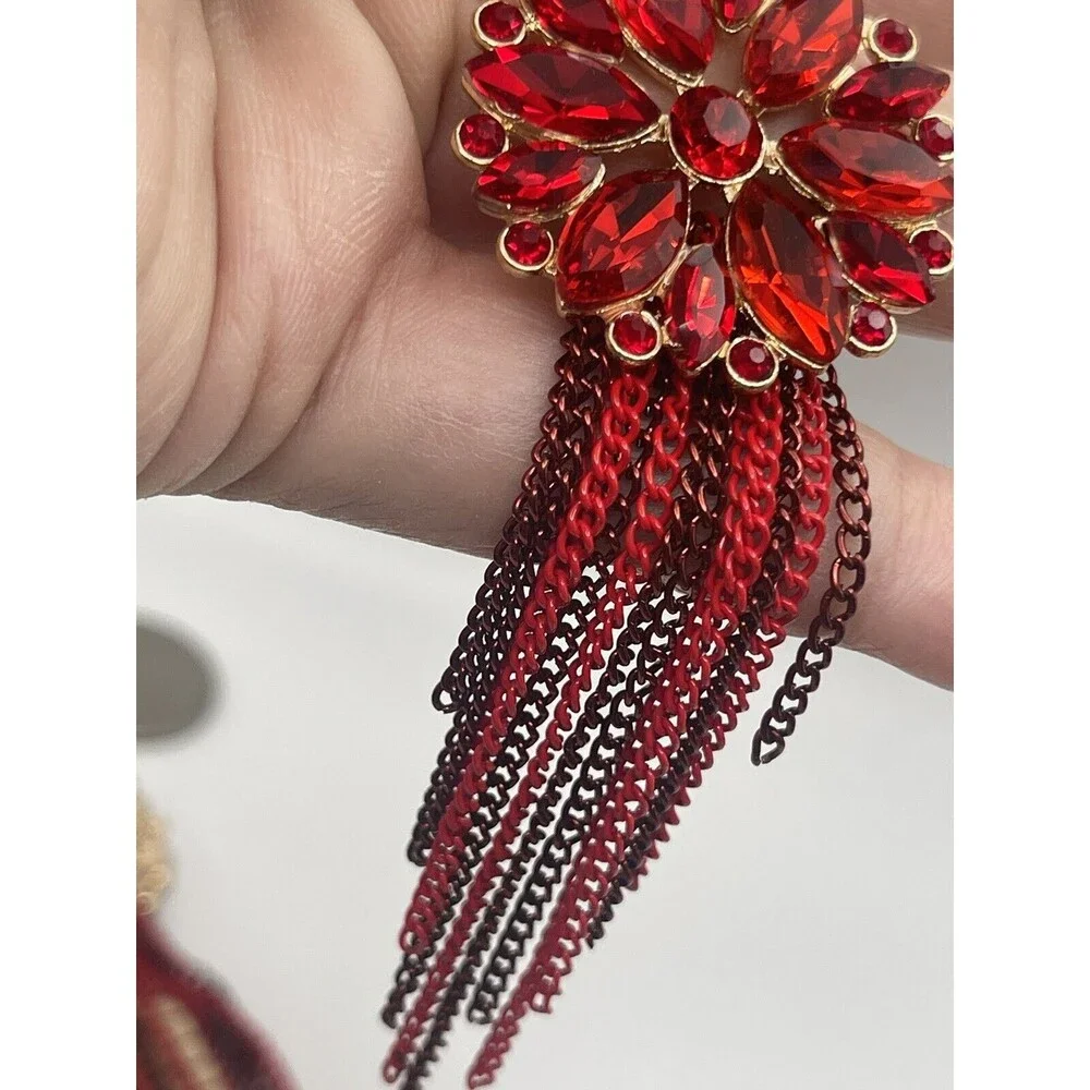 Angelix Beauty Red Rhinestone Chain Tassel Statement Earrings New